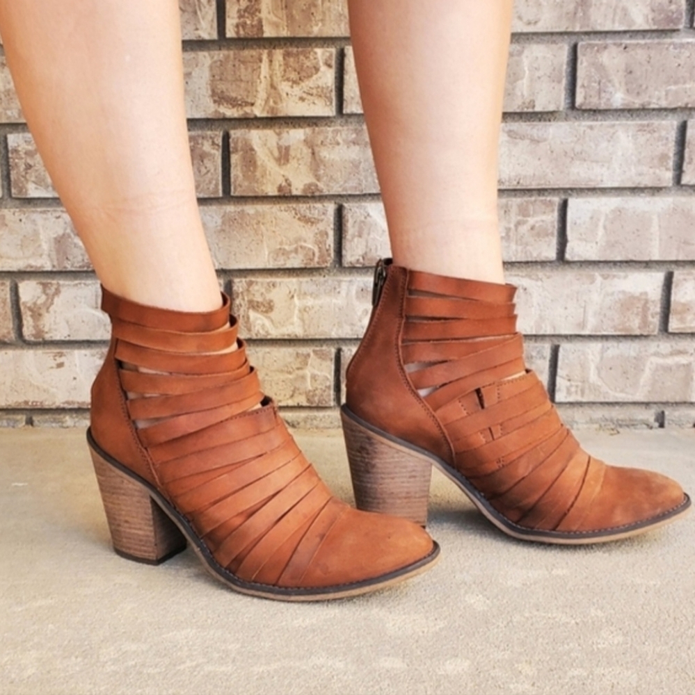 Free People Hybrid strappy cognac leather heeled ankle boots women's